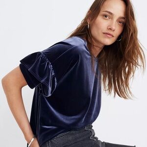 Madewell Navy Blue Velvet Ruffle-Sleeve Tee Blouse, Small